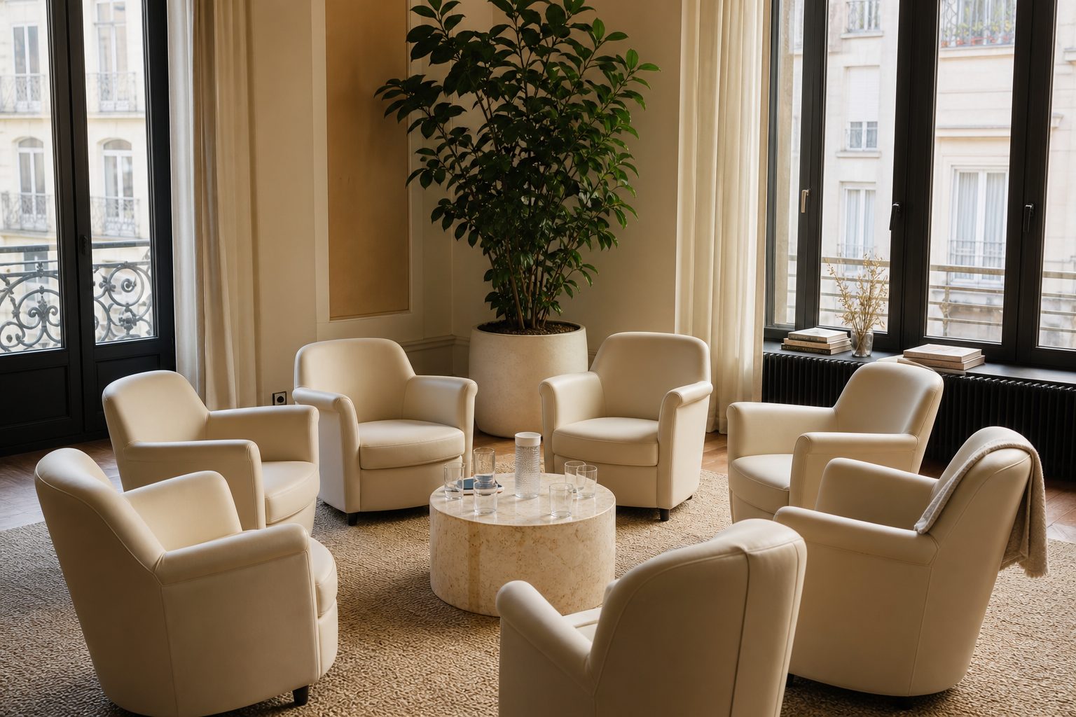 Eight cream chairs arranged in a circle in a bright workshop room with tall windows