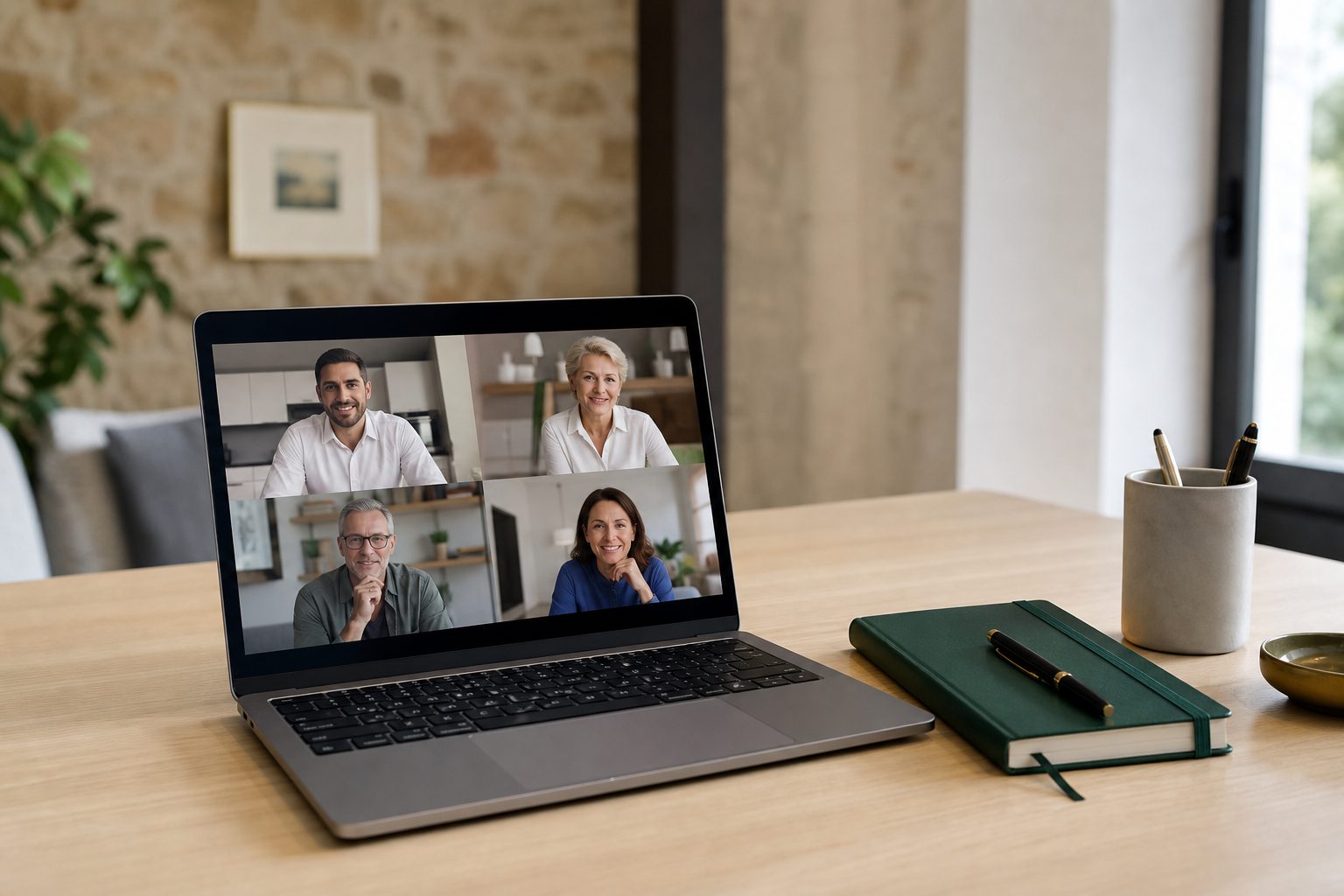 Laptop open to a video call grid on a pale wood desk in a bright home office