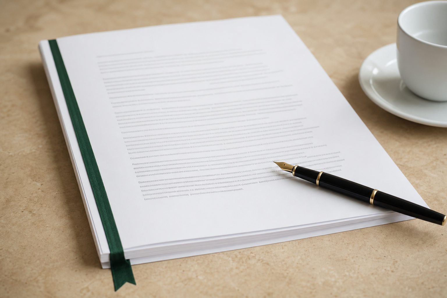 Printed client agreement and fountain pen on a warm stone desk in bright daylight