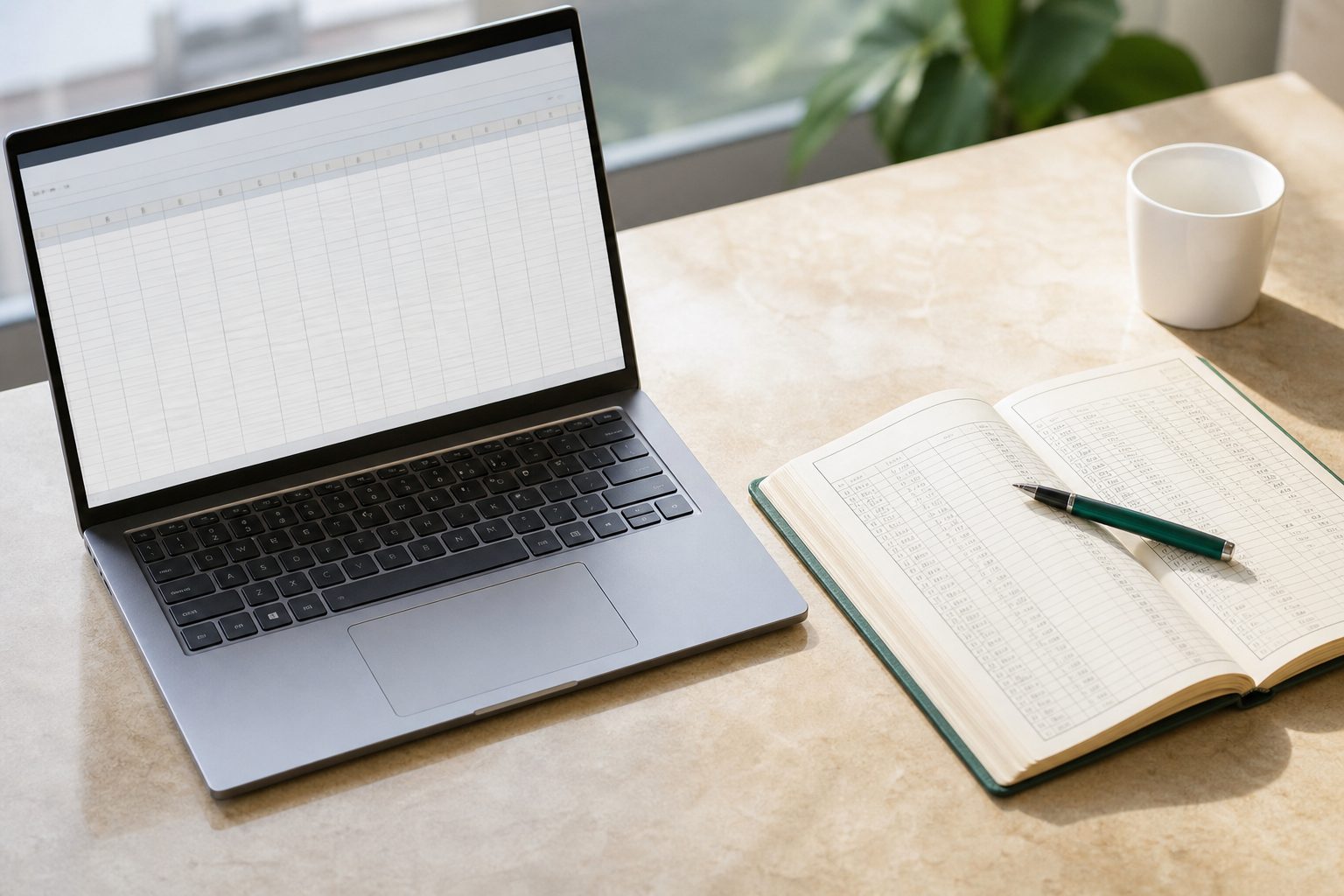 Laptop with a spreadsheet beside a paper ledger and a white cup on a bright stone desk
