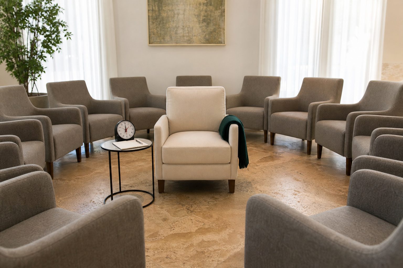Single cream armchair centered in a circle of chairs with a timer on a side table