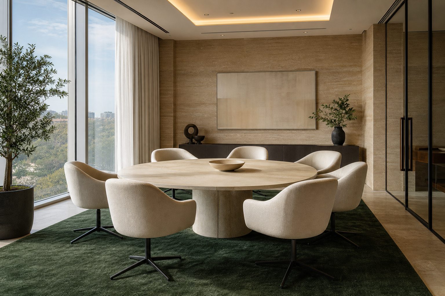 Six cream chairs around a pale round table in a bright window lined conference space