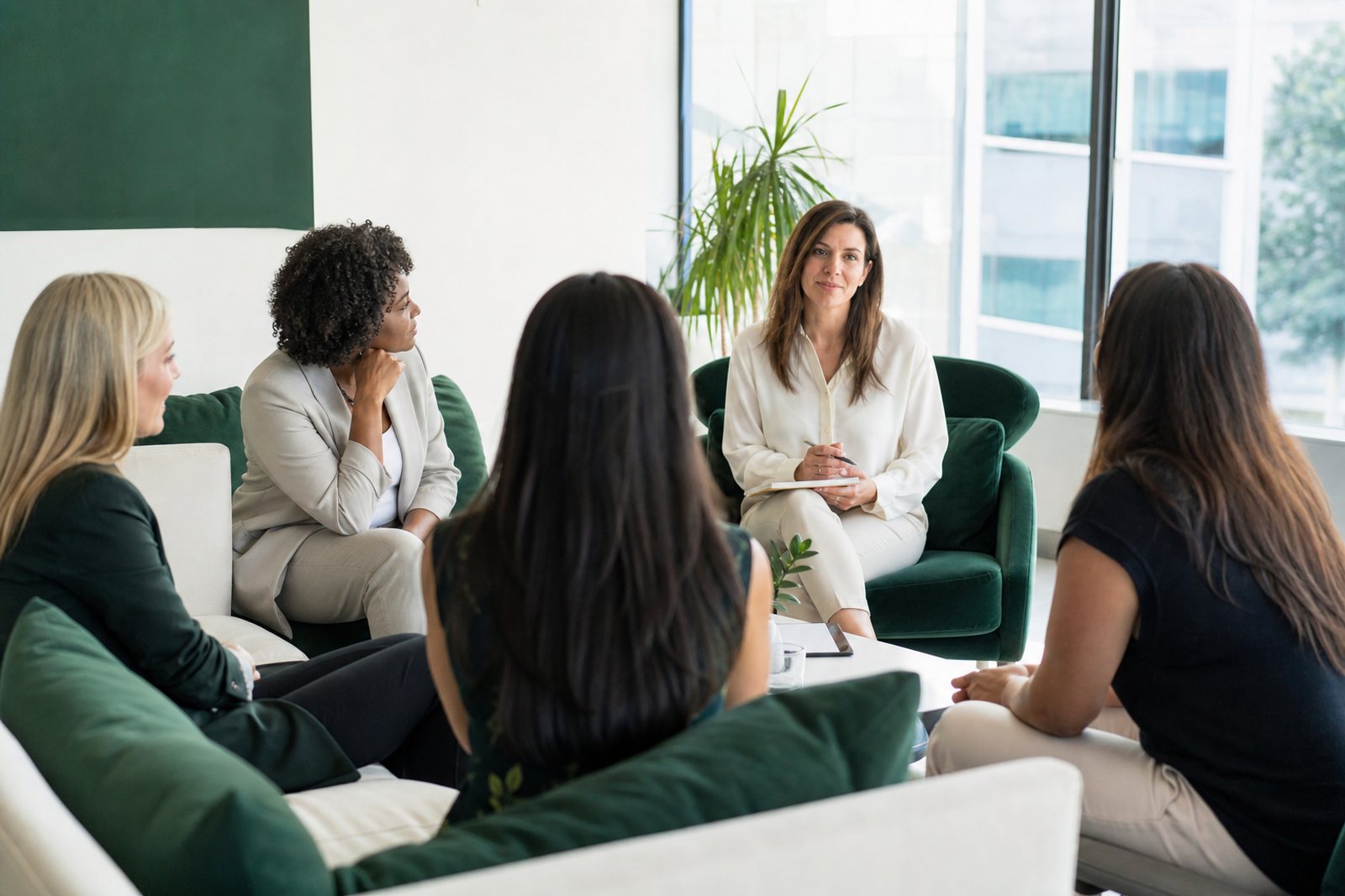 A business coach facilitating a circle of women founders seated in a bright meeting room