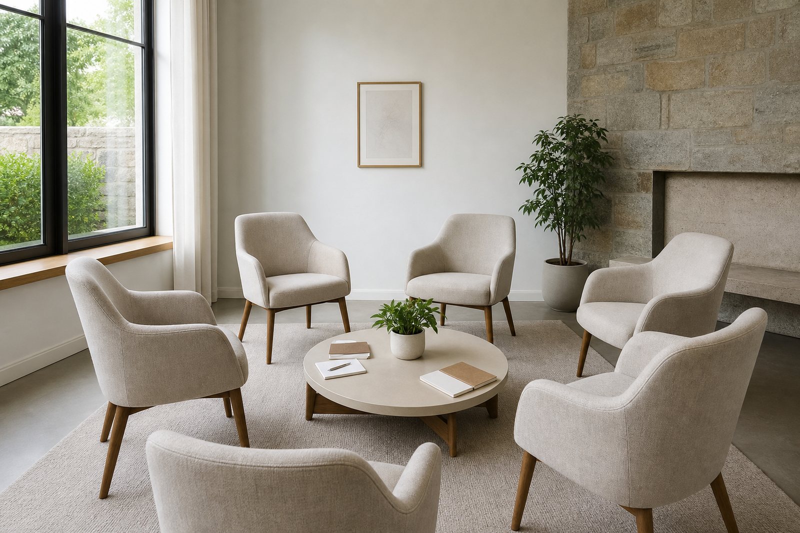 A circle of six armchairs around a low table with notebooks and a plant in a bright meeting room